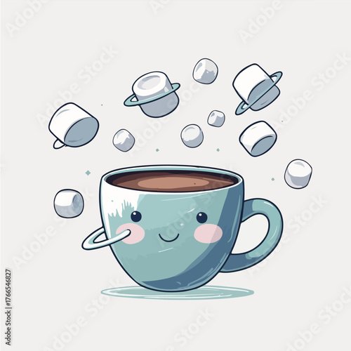 a cup of hot chocolate shaped like a small planet with marshmallow moons orbiting