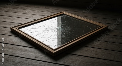 Wooden framed mirror shattered on a dark wooden floor, illuminated by soft light