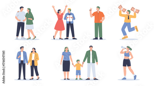 Diverse Group of People Couples, Families, and Individuals in Various Poses and Activities