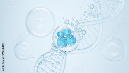 Fototapeta Naklejka Na Ścianę i Meble -  Bubble Blue Skin Serum with molecules inside, with a background of DNA 3d rendering.