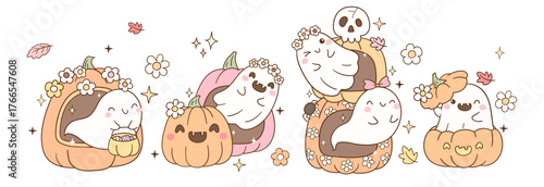 Draw vector illustration banner autumn pumpkin ghose Floral fall season Doodle cartoon style