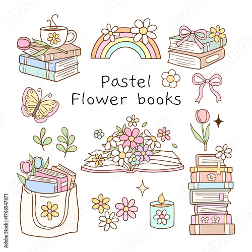 Draw vector illustration collection pastel floral bookish Book lover Classroom decor Doodle cartoon style