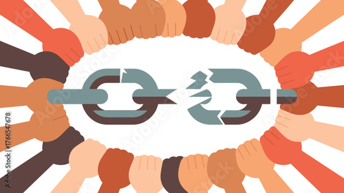 Diverse Hands Holding a Broken Chain Link Symbolizing Disconnection, Inequity, and the Need for Unity