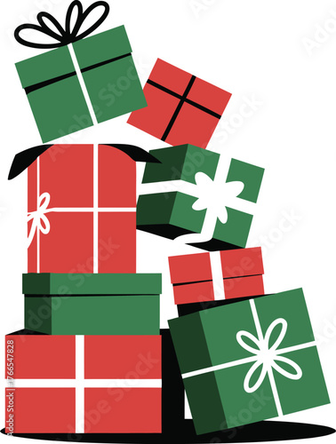 Stack of red and green Christmas gift boxes with white ribbons