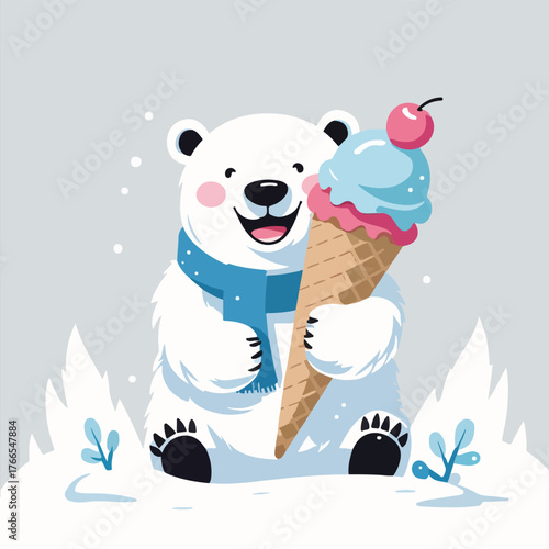 a polar bear shaped like an ice cream cone, smiling in a snow setting