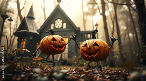 Two halloween pumpkins dancing before gotic castle.