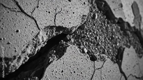 Cracked Concrete Wall Close-Up - This video is a close-up shot of a cracked concrete wall. It features a monochrome color palette and a high level of detail showing the texture and fractured nature