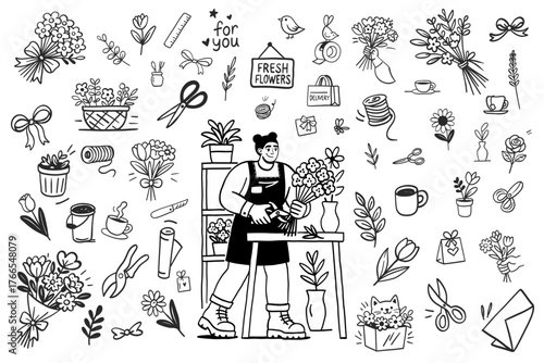 Hand drawn florist shop clipart with flowers, tools and gift elements