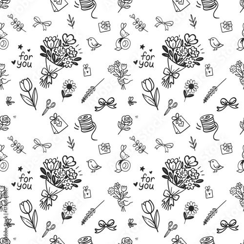 Seamless floral pattern with flowers and bows for gift or card design