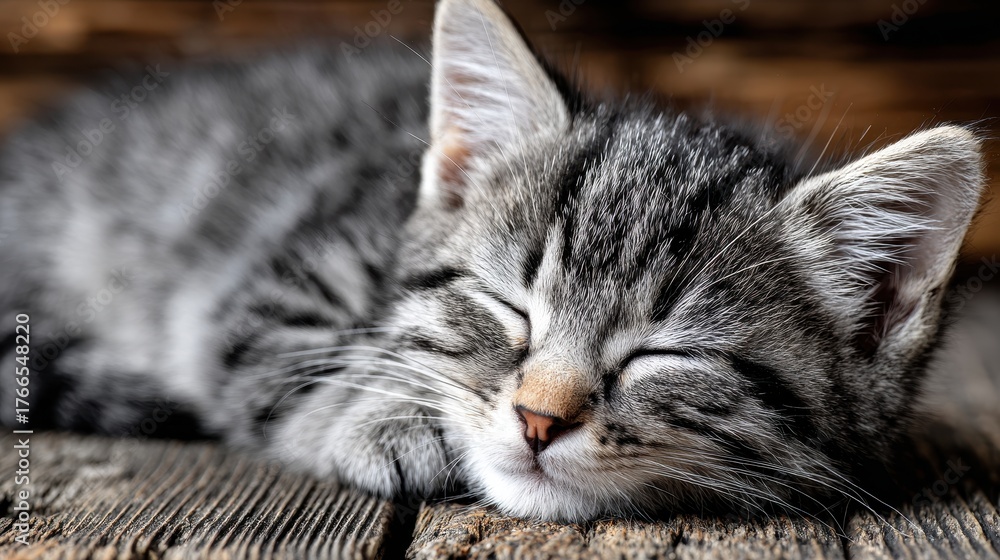 Naklejka premium Adorable Gray Tabby Kitten Sleeping Peacefully on Rustic Wood Surface