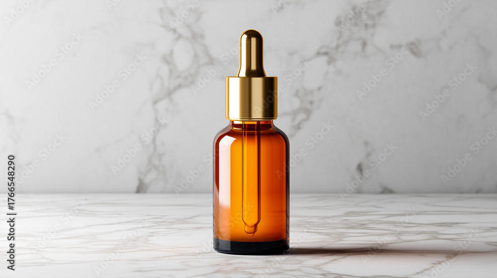 Fototapeta premium Premium skincare serum on marble countertop with soft glowing light, photorealistic