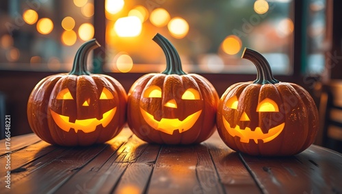 Three smiling halloween pumpkins on table, sunset bokeh.