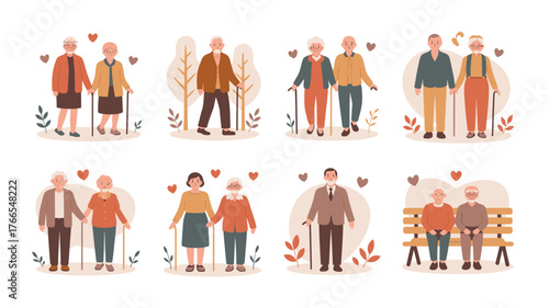 Diverse Old Couples Illustration Senior Citizens Holding Hands, Walking with Canes, Sitting on Bench