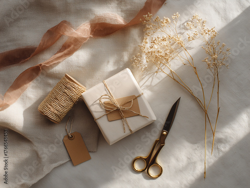 Flat lay showing hands on process of wrapping a present using kraft paper, natural twine, fabric ribbon, and dried flowers christmas