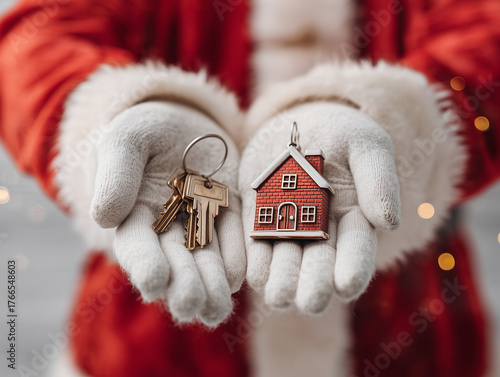 Santa claus presenting real estate keys and miniature house model. Representing holiday home ownership, new real estate christmas