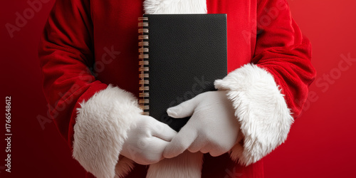 Santa claus hands in white gloves holding a black spiral bound notebook, representing holiday planning and gift lists copy space christmas