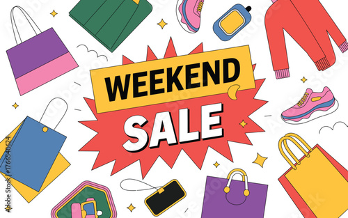 Weekend sale graphic with shopping bags and clothing