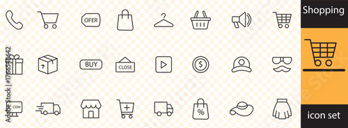 Shopping icon set.Shop, store, cart, market, buyer, purchase, goods and more. Editable stroke. Vector illustration
