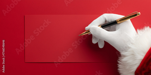 Santa claus hand in white glove holding elegant gold pen, writing on blank red paper with copy space, festive background christmas