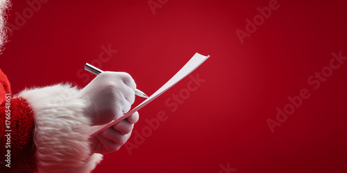 Santa claus making his list, writing wishes on white paper with a pen against a festive red background, ready for christmas copy space