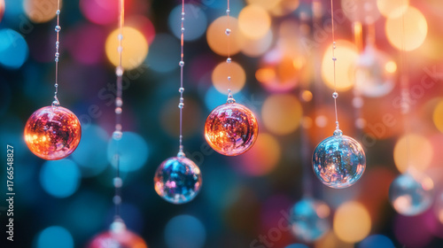 Elegant Christmas ornaments hanging with vibrant bokeh lights create festive cheer, perfect for holiday promotions and joyful seasonal campaigns