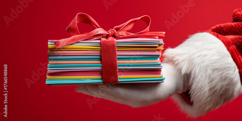 Santa claus hand wearing white glove and red suit holding stack of colorful envelopes tied with red ribbon, festive holiday mail christmas