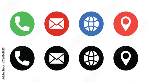phone, email, web, location contact communication icon set in color and black style