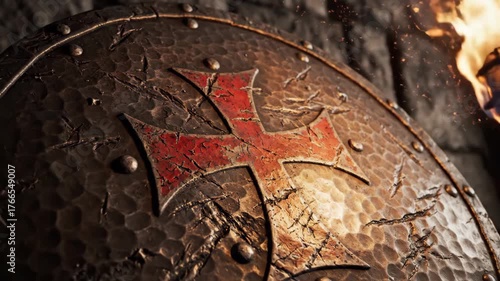 Medieval Shield Close-up with Cross Emblem - This close-up shot features a worn metal shield with a prominent red cross emblem, suggesting a medieval or crusader theme.