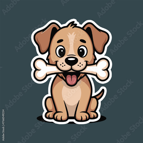 Cartoon dog sitting with a bone in its mouth on a dark gray background with a white outline