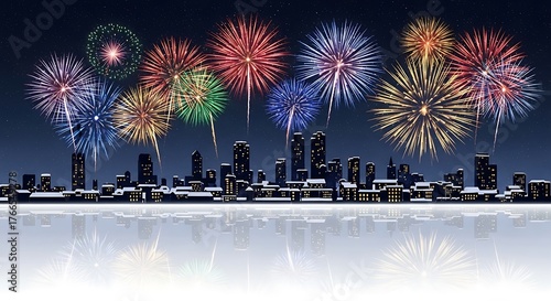 City Skyline Fireworks Display - A Vibrant Celebration Over Urban Landscape.