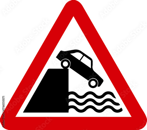 River exit warning signs warn drivers that the road ahead ends at a water's edge, such as a pier, riverbank, canal, or pond.