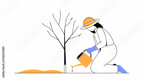 A volunteer wearing a sun hat and gloves gently watering a freshly planted tree with a watering can with a vibrant blue sky in the background.