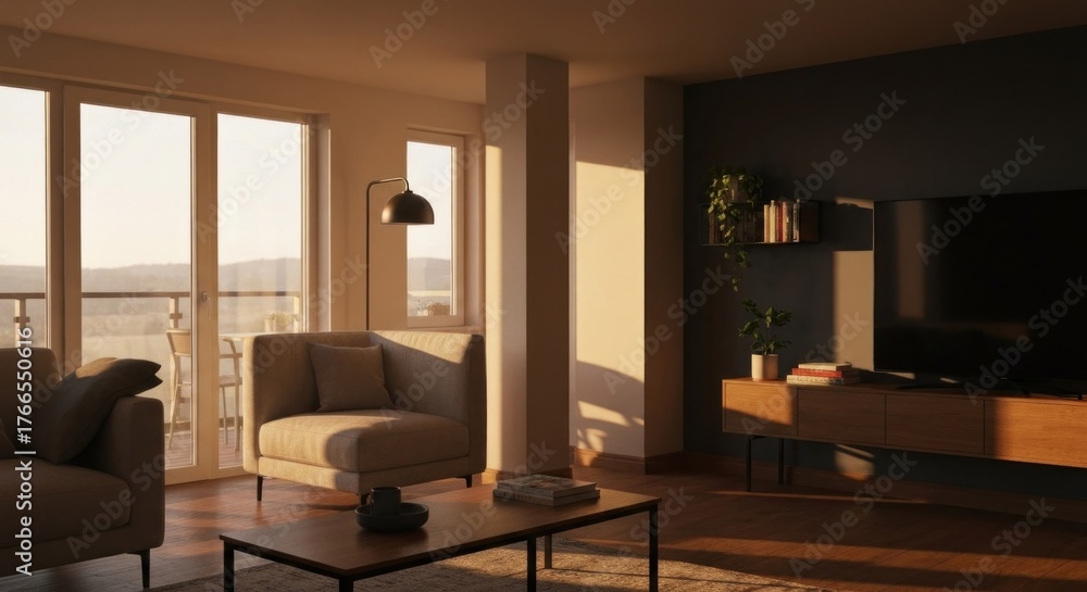 Fototapeta premium A sunlit living room with minimalist decor. Large windows, seating, TV, and wooden furniture