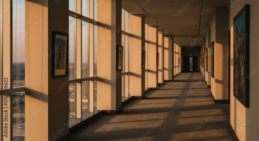 Obraz premium A sunlit, long hallway in a tall building with framed art and large windows