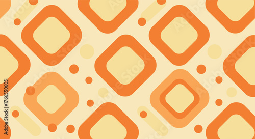 Retro seamless pattern with rounded squares and dots in orange and yellow hues