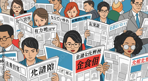 Information Overload: Crowd of People Reading Newspapers in Japanese