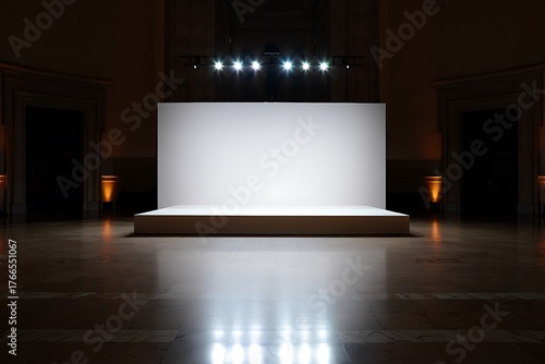 Modern white curved fabric pop-up banner stand with studio lighting, ideal for exhibitions, trade shows, marketing events, and branding presentations. Perfect background for advertising visuals.