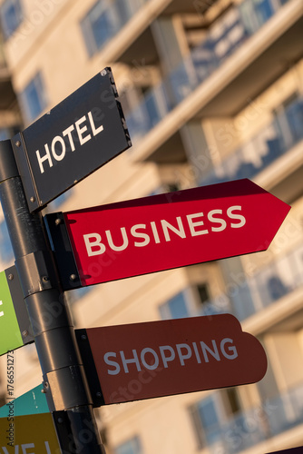 Urban scandinavian design signage with modern structure displaying directional information for hotel, business and shopping areas in a sustainable city environment under natural daylight