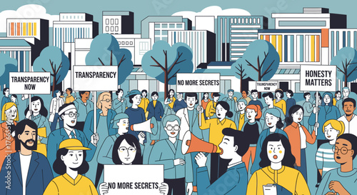 Protest for Transparency: Crowd Holding Signs and Megaphones