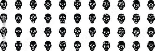 Diverse collection of gothic skull motifs presented in a grid pattern for creative design applications and artistic projects silhouette halloween