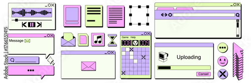 Y2K sticker collection with retro computer interface elements in pastel colors. Nostalgic 90s digital aesthetic with classic windows, icons and navigation controls for early internet era design.