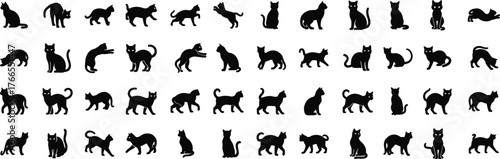 Collection of diverse black cat silhouettes in various poses and actions depicting playful and graceful feline movement and anatomy silhouette halloween