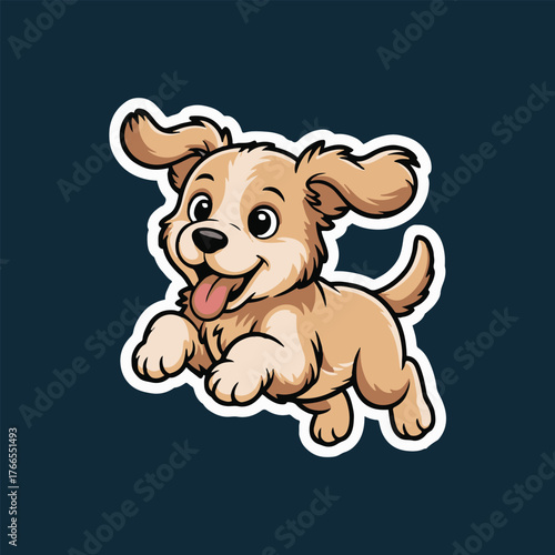 Cartoon illustration of a happy puppy leaping with tongue out against a dark background