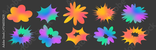 Groovy blob collection with abstract organic cloud and star shapes in gradient colors for retro designs. Vibrant psychedelic forms and fluid patterns. Modern childish decorative elements kit.