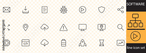 software Line icon set . Software development icons for web and mobile app. Code, api, programmer, developer, information technology, coder and more.