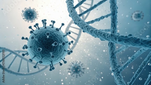 nanotech biotechnology Microscopic view of a virus surrounded by DNA strands in a blue watery environment.