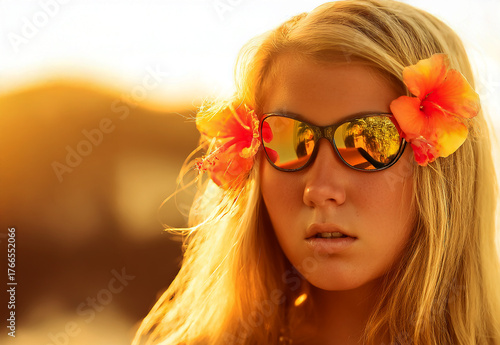 Hawaiian Flower Girl at Sunset