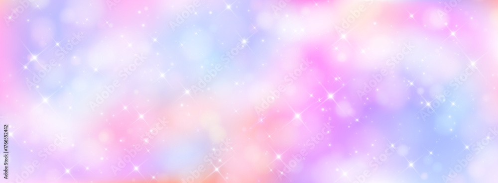Obraz premium Unicorn magical bokeh background with pastel rainbow gradient and sparkling stars for fantasy design. Soft pink, purple and blue colors with glowing light effects. Dreamy fairy tale atmosphere.