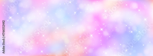 Unicorn magical bokeh background with pastel rainbow gradient and sparkling stars for fantasy design. Soft pink, purple and blue colors with glowing light effects. Dreamy fairy tale atmosphere.