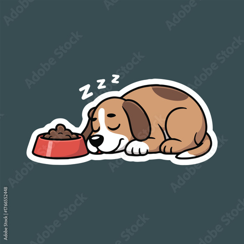 A cartoon dog sleeping next to a red bowl filled with food on a dark gray background sticker style